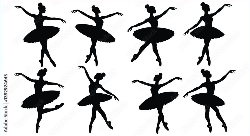 Set of female ballet dancer silhouettes vector art. Set of dancing women silhouettes vector design. Vector collection of women dancing silhouettes. Black silhouettes of women dancing Set of female ballet dancer silhouettes vector art. Set of dancing women silhouettes vector design. Vector collection of women dancing silhouettes. Black silhouettes of women dancing
