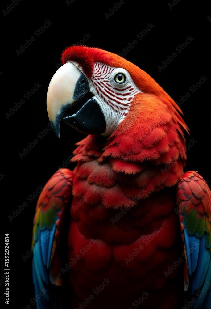 Naklejka premium a vibrant red parrot with a bright yellow beak perched atop a black background Its feathers are a mix of red, blue, green and yellow, creating a striking contrast