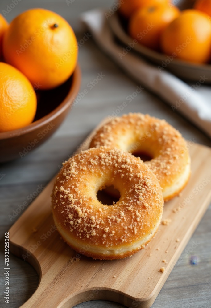 a wooden cutting board with two freshly-baked orange glazed donuts sitting atop it The donuts are golden-brown in color and have a light dusting of sugar on top T a wooden cutting board with two freshly-baked orange glazed donuts sitting atop it The donuts are golden-brown in color and have a light dusting of sugar on top T