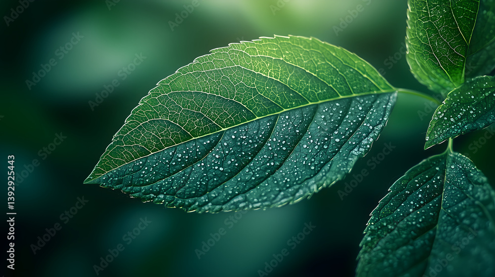 Close-up of dew-kissed green leaf lush forest nature photography serene environment macro view botanical beauty Close-up of dew-kissed green leaf lush forest nature photography serene environment macro view botanical beauty