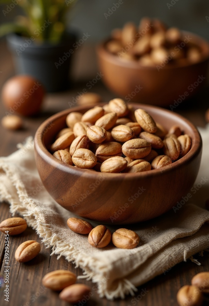 a wooden table with a cloth draped over it, and a wooden bowl filled with roasted coffee beans In the background, there is another bowl and a plant, slightly blurr a wooden table with a cloth draped over it, and a wooden bowl filled with roasted coffee beans In the background, there is another bowl and a plant, slightly blurr
