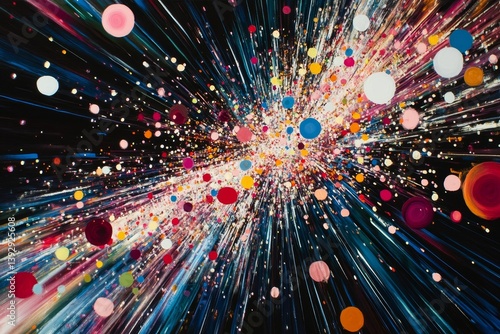 Abstract art with colorful spheres and radial lines emanating from a central point.