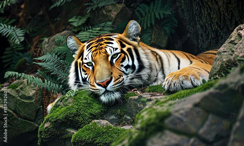 Bengal tiger resting on mossy rocks in lush forest Bengal tiger resting on mossy rocks in lush forest