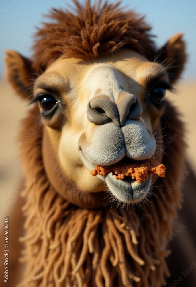 Fototapeta premium a brown alpaca with a piece of food in its mouth, set against a blurred background