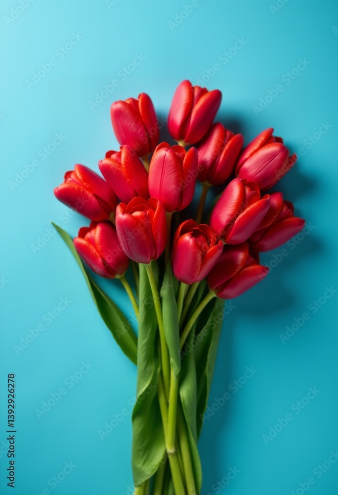 a vase filled with vibrant red tulips on a bright blue background The tulips have lush green leaves and stems, and the vibrant red petals stand out against the dee a vase filled with vibrant red tulips on a bright blue background The tulips have lush green leaves and stems, and the vibrant red petals stand out against the dee