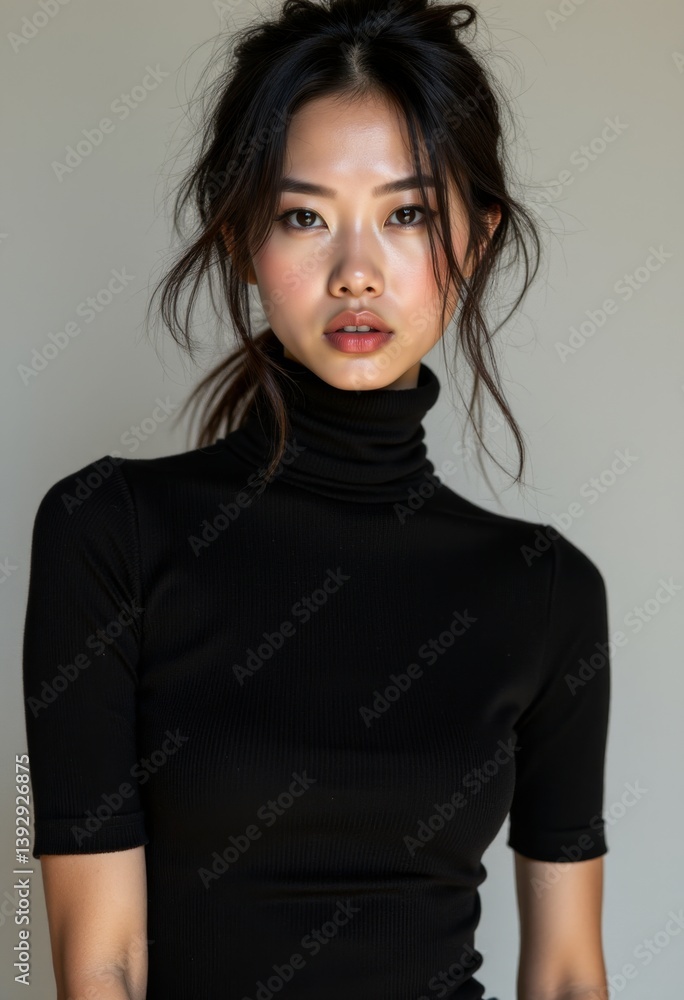 a woman wearing a black turtleneck top and jeans, posing for a picture She has a confident stance and her hair is styled in a sleek bob Her makeup is subtle and n a woman wearing a black turtleneck top and jeans, posing for a picture She has a confident stance and her hair is styled in a sleek bob Her makeup is subtle and n