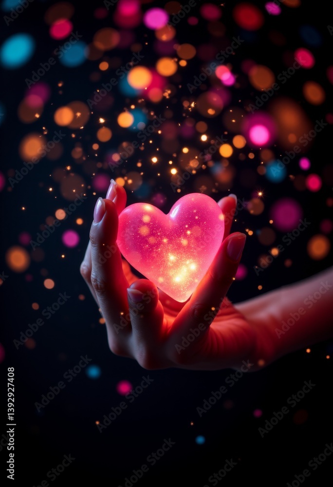 Obraz premium a person holding a pink heart-shaped object in their hands, illuminated by a few lights in the background