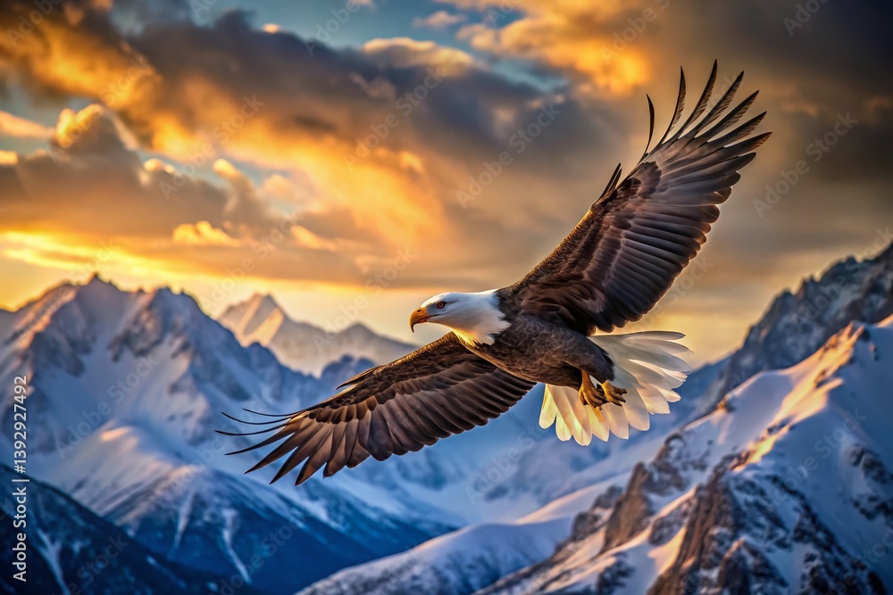 Obraz premium Majestic Bald Eagle Soaring Above Alpine Peaks A Stunning Wildlife Photograph Capturing the Power and Majesty of