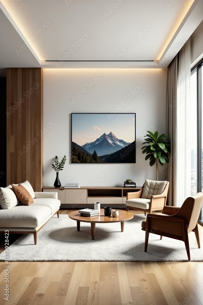 Fototapeta premium Minimalist living room with sleek furniture on hardwood floor, elegant, home
