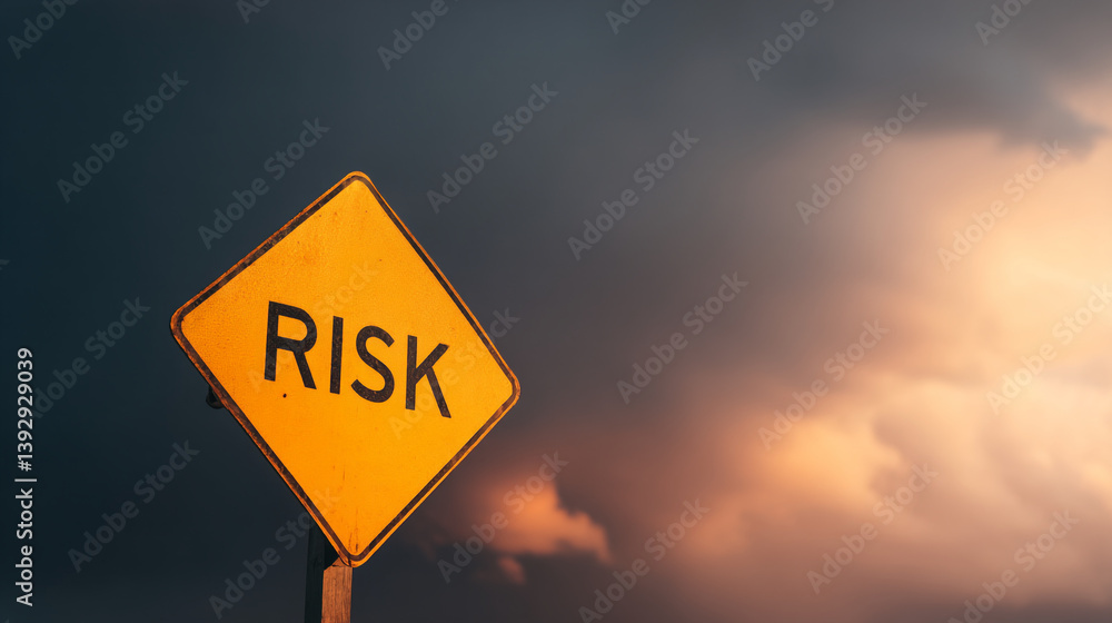 Fototapeta premium A yellow risk sign against a dramatic sky with dark clouds and a hint of orange sunlight