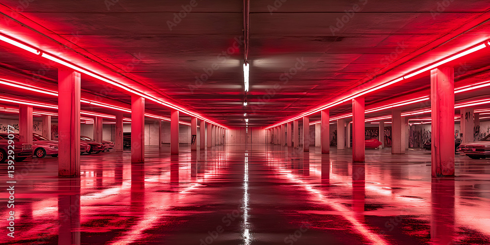 Fototapeta premium Illuminated Underground Parking Garage with Red Neon Lights and Reflections on Wet Floor
