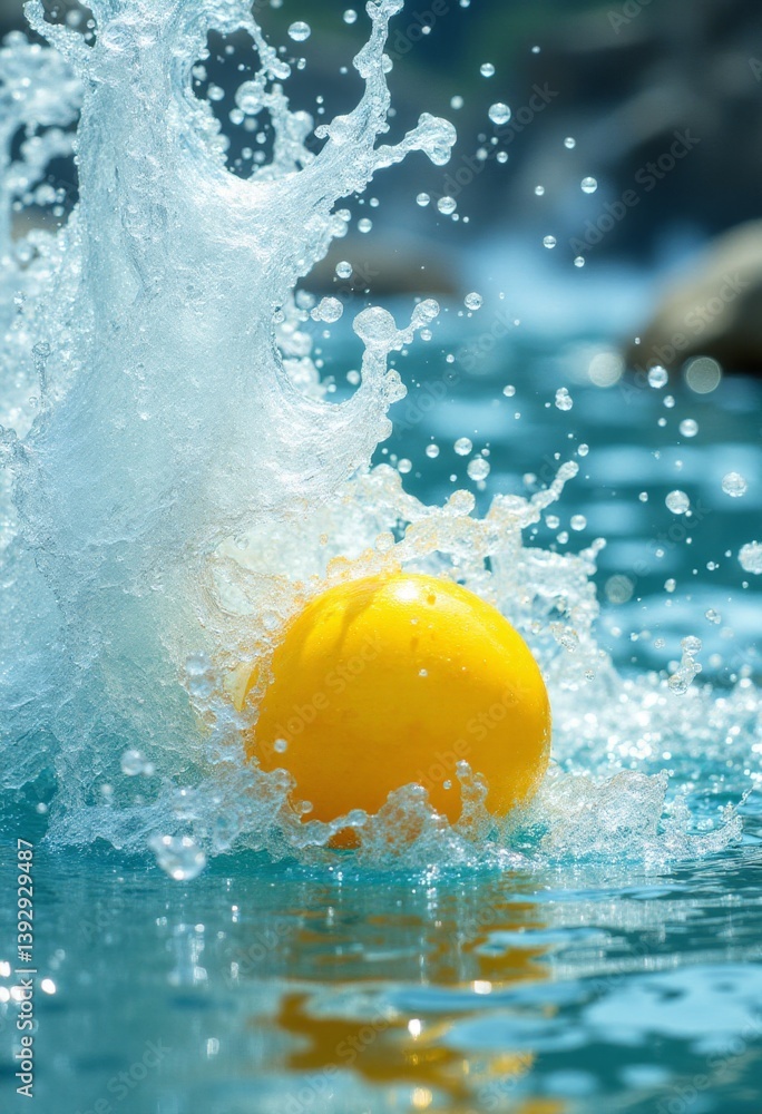 a yellow ball splashing in the water, creating a splash as it hits the surface The background is slightly blurred, giving the image a dreamy feel a yellow ball splashing in the water, creating a splash as it hits the surface The background is slightly blurred, giving the image a dreamy feel