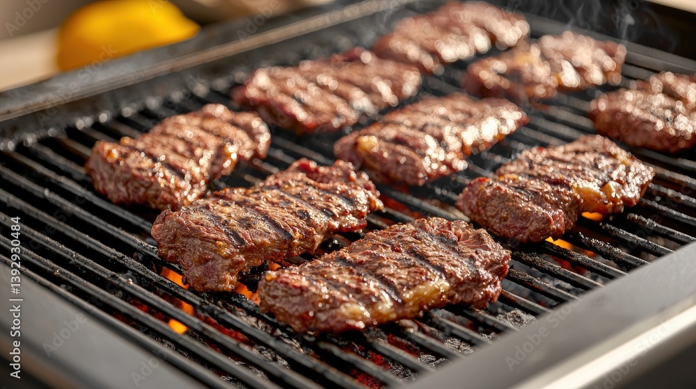 Juicy steaks searing on a grill, showcasing perfect grill marks and sizzling juices, ideal for a summer barbecue feast. Juicy steaks searing on a grill, showcasing perfect grill marks and sizzling juices, ideal for a summer barbecue feast.