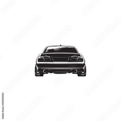 image of the bottom of the car, rear view, vector, black and white graphics
