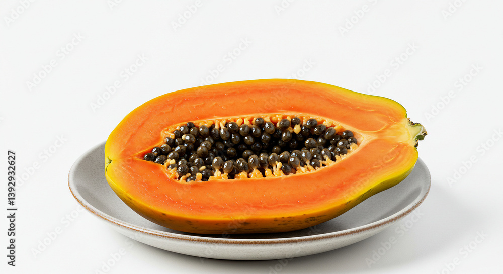 Fresh papaya slices on a white plate with clean white background. Tropical and juicy fruit, rich in vitamins and enzymes, perfect for healthy snacks, fruit photography, minimal food style, organic Fresh papaya slices on a white plate with clean white background. Tropical and juicy fruit, rich in vitamins and enzymes, perfect for healthy snacks, fruit photography, minimal food style, organic