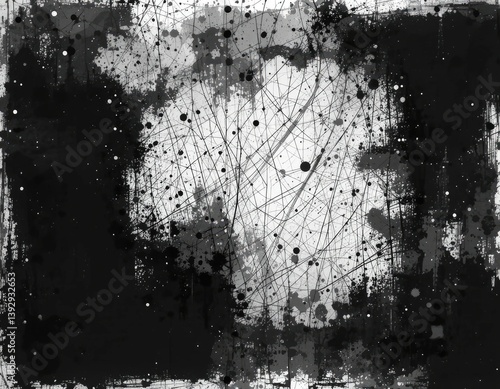 Abstract Black and White Grunge Texture with Splatters and Lines
