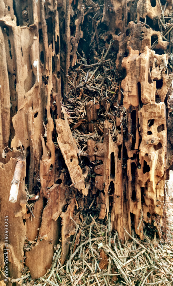 Old wood texture with natural patterns. Аnthill in a tree. Abstract background and texture for design. Selective focus