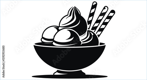 Ice cream scoop dessert with wafers vector icons. Black ice cream bowl silhouettes. Ice cream bowl with wafers silhouettes vector. Delicious ice cream dessert in bowl silhouettes vector design
