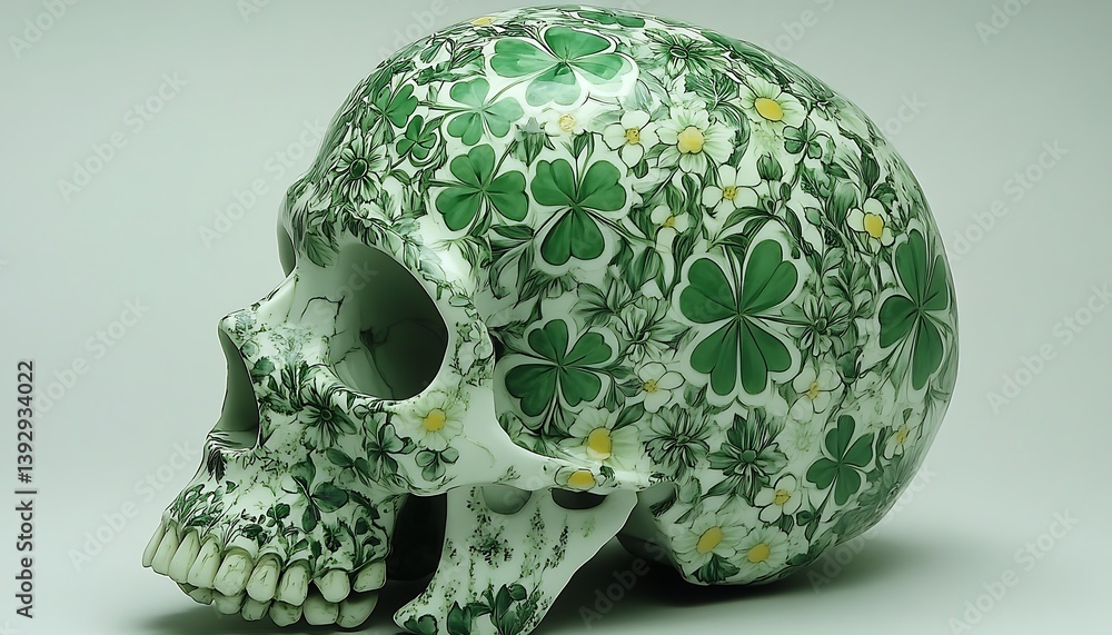 Decorative Skull Adorned With Flowers And Green Clover Designs Decorative Skull Adorned With Flowers And Green Clover Designs