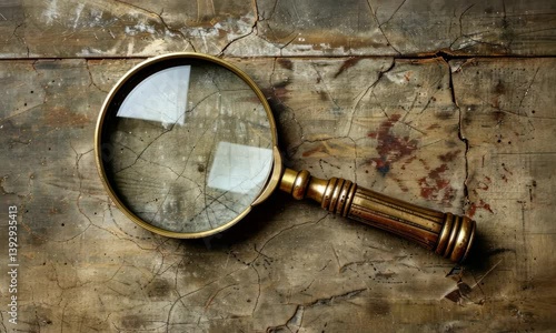 Magnifying glass on cracked wooden surface, showing wear and age