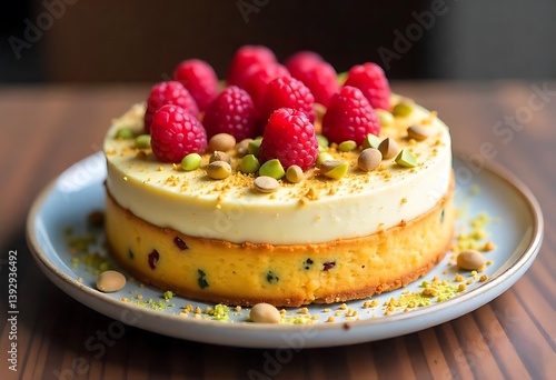 Delicious cake with pistachio and raspberries