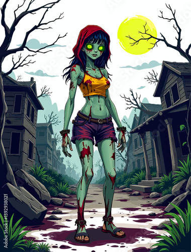 an illustration of a zombie girl in a graveyard