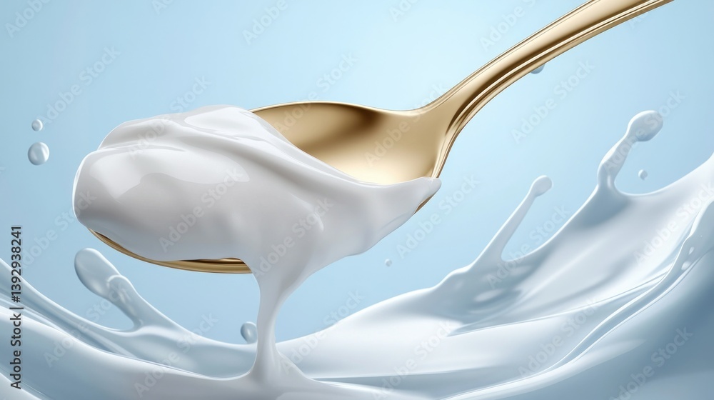 Creamy yogurt on a spoon, milk splash Creamy yogurt on a spoon, milk splash