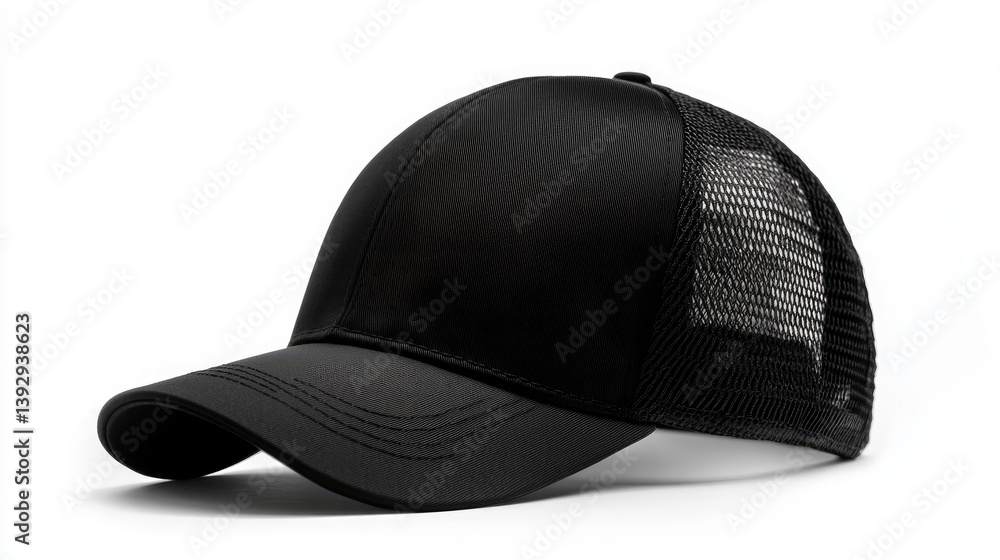 Trucker cap, snapback, all black, black mesh. Isolated on white. Mock-up for branding Trucker cap, snapback, all black, black mesh. Isolated on white. Mock-up for branding