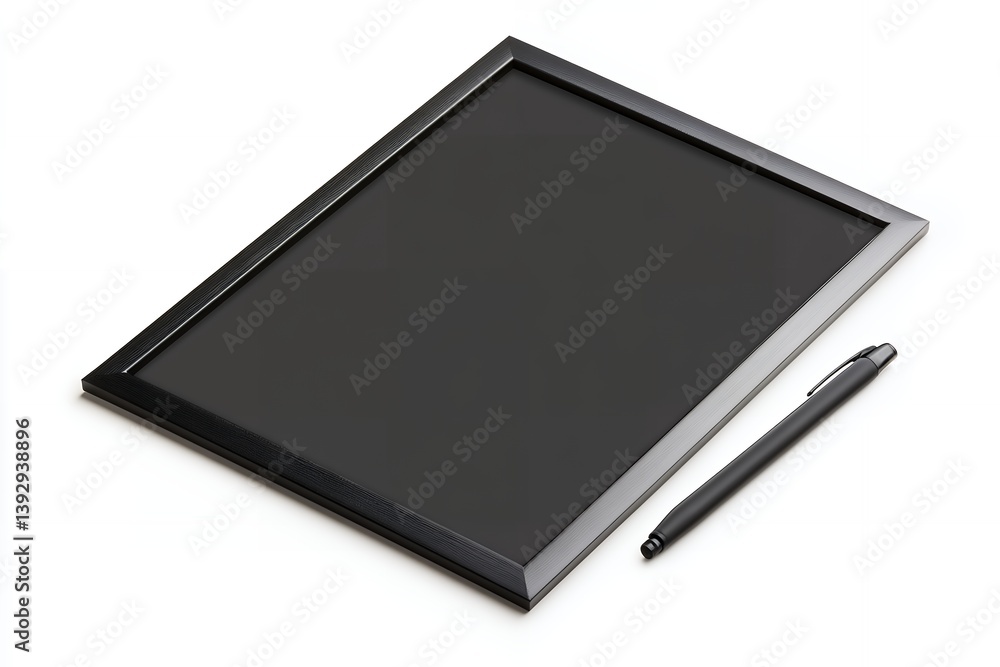 Black Rectangular Blackboard with Pen on White Background Black Rectangular Blackboard with Pen on White Background