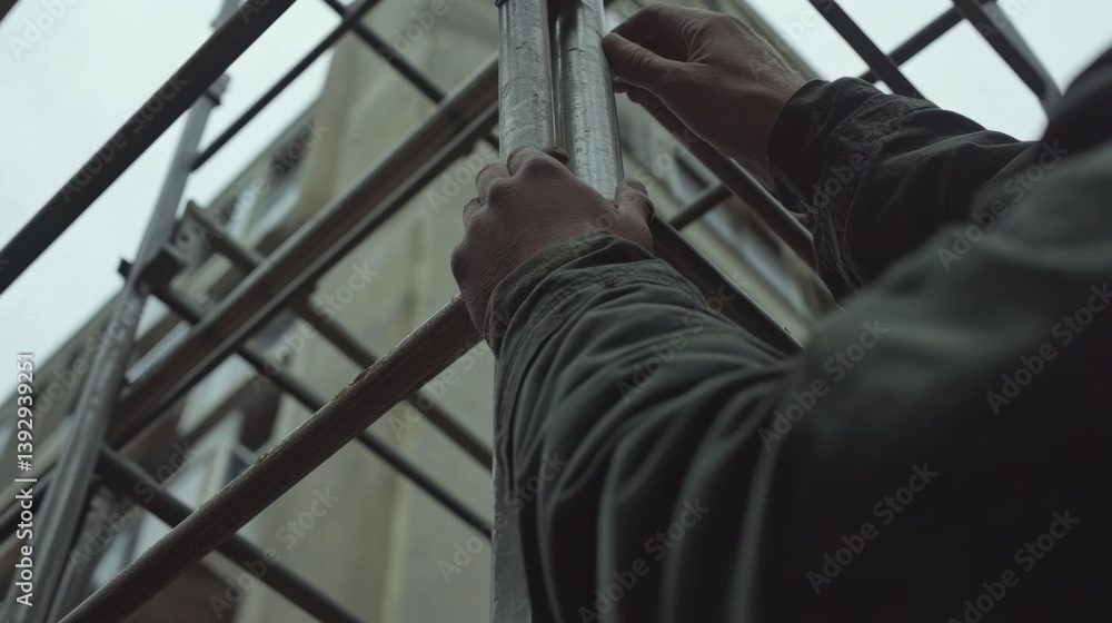 A scaffolder securing a scaffold to a building. Featuring focus and safety A scaffolder securing a scaffold to a building. Featuring focus and safety