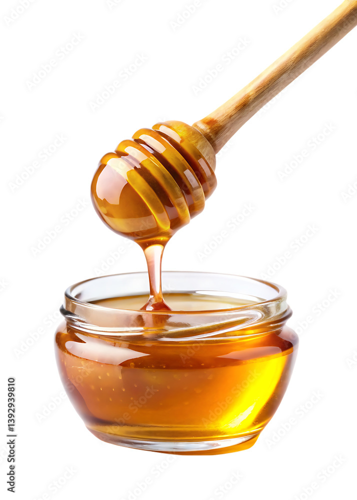 Honey dripping from a wooden dipper on white background, symbol of sweetness, health, and nature Honey dripping from a wooden dipper on white background, symbol of sweetness, health, and nature