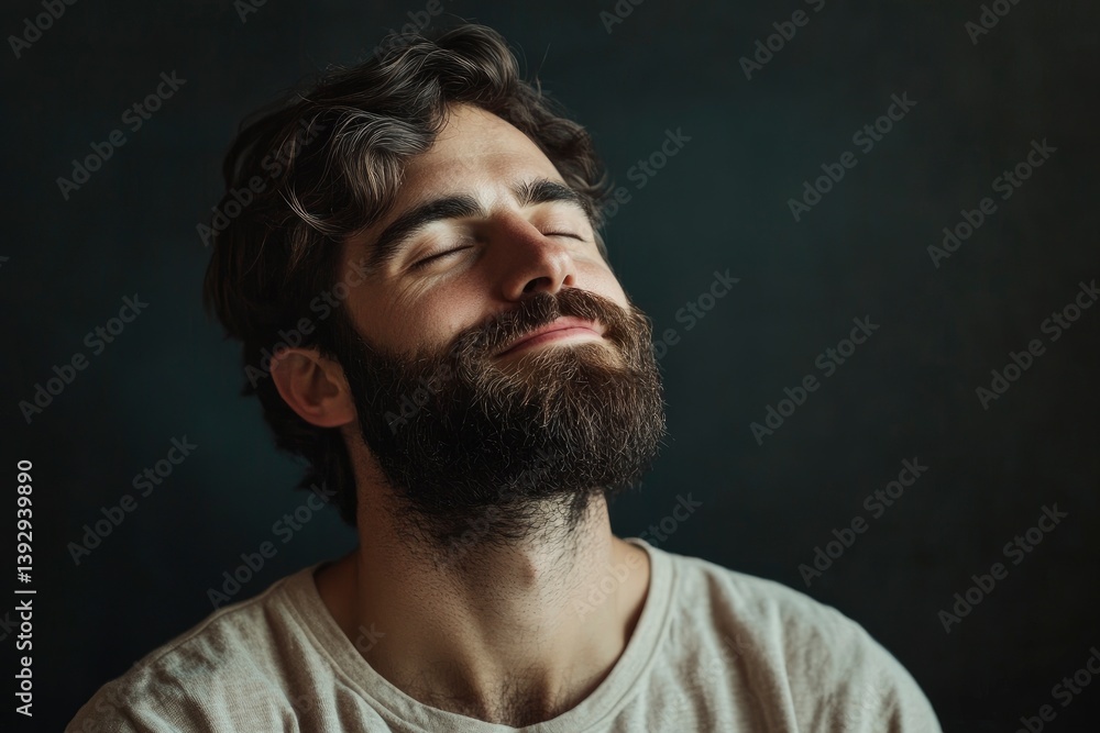 Portrait of a handsome man with a beard, looking up with closed eyes and a smile, against a dark grey background. Portrait of a handsome man with a beard, looking up with closed eyes and a smile, against a dark grey background.