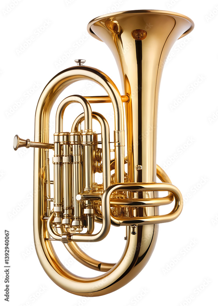Obraz premium Brass musical horn isolated on white background, perfect for music, celebration, or festive themes