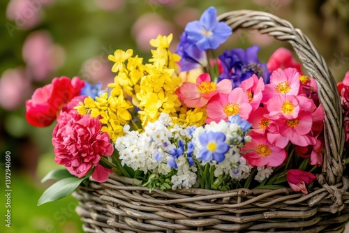Wallpaper Mural Colorful spring flower arrangement in a woven basket surrounded by lush garden scenery Torontodigital.ca