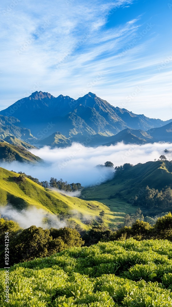 Fototapeta premium Mountain valley sunrise, fog, hills. Wallpaper