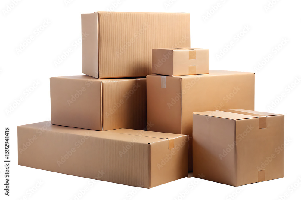 Brown cardboard boxes in large and small sizes isolated on white, perfect for packaging, shipping, or delivery themes. Brown cardboard boxes in large and small sizes isolated on white, perfect for packaging, shipping, or delivery themes.