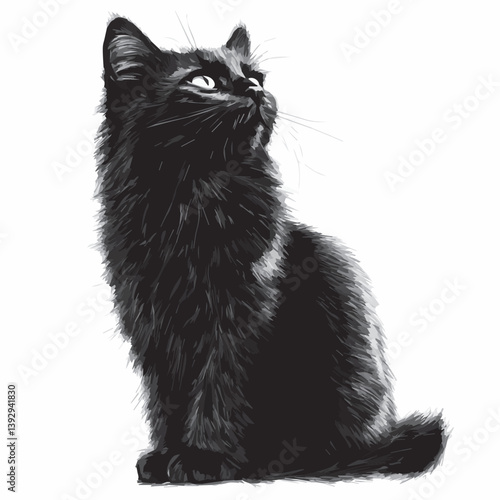 black and white image of a beautiful fluffy sitting cat on a white background, graphics, vector, logo
