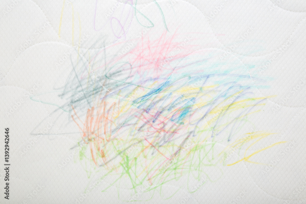 Obraz premium Drawn colorful scratches lines with markers on white mattress cloth. Closeup. Draw of naughty little kid. Top down view.