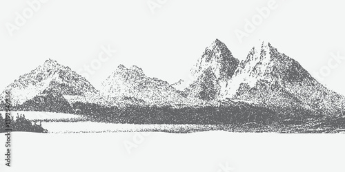 Abstracted dotted mountain range with a pointillist grunge texture. mounted landscape with grainy noise. Retro halftone vector