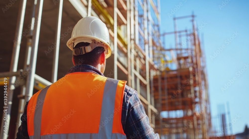 A site supervisor checking scaffolding safety at a building site. Featuring leadership and vigilance A site supervisor checking scaffolding safety at a building site. Featuring leadership and vigilance