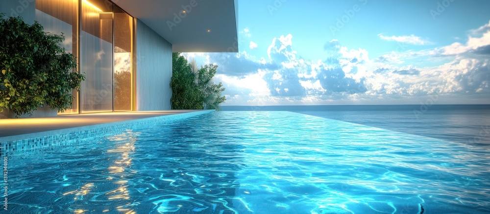 Fototapeta premium Oceanfront luxury home pool, sunny sky