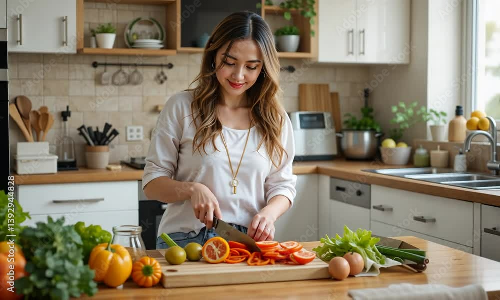 Smiling woman slicing vegetables in modern kitchen with natural light and fresh ingredients around. Concept of healthy cooking and home comfort Smiling woman slicing vegetables in modern kitchen with natural light and fresh ingredients around. Concept of healthy cooking and home comfort
