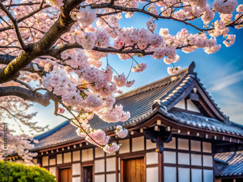 Serene Spring Scene Majestic Cherry Blossom Tree and Traditional Japanese House Serene Spring Scene Majestic Cherry Blossom Tree and Traditional Japanese House