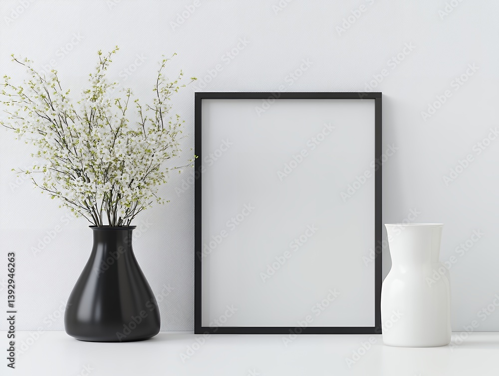 Minimalist Mockup with Black Frame, White Vase and Flowers Minimalist Mockup with Black Frame, White Vase and Flowers