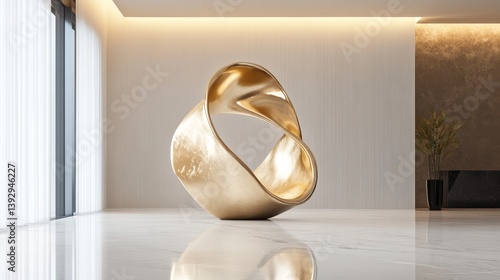 Abstract gold sculpture in minimalist gallery, elegant and modern 