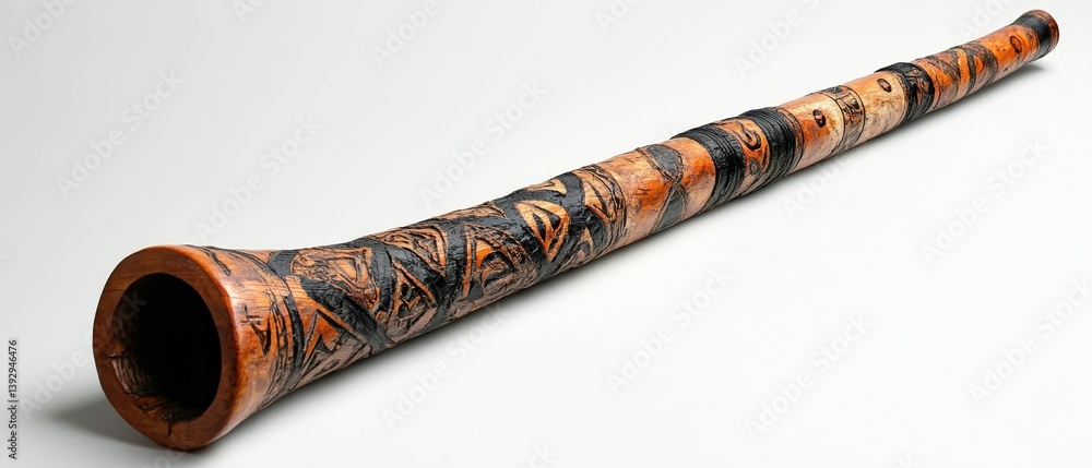 A didgeridoo musical instrument brown and black patterns on a white background.