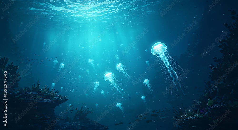 Fototapeta premium Jellyfish Floating in Deep Blue Ocean Water with Sunlight
