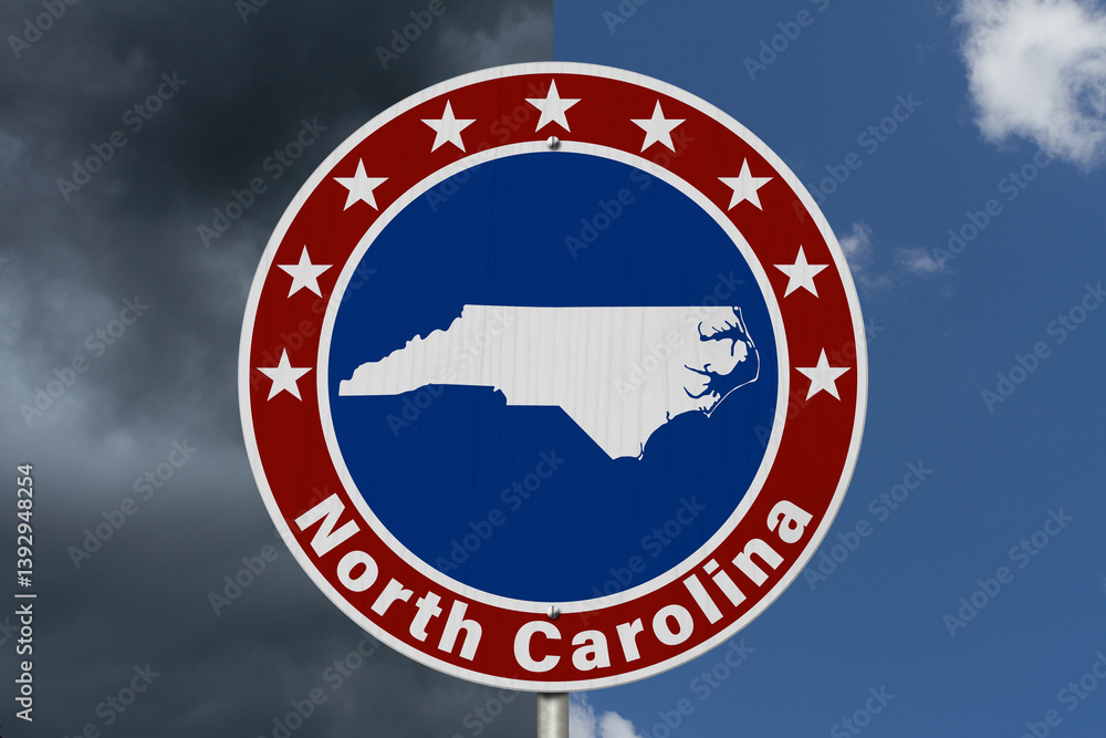 North Carolina map with stars on a US red, white and blue road sign