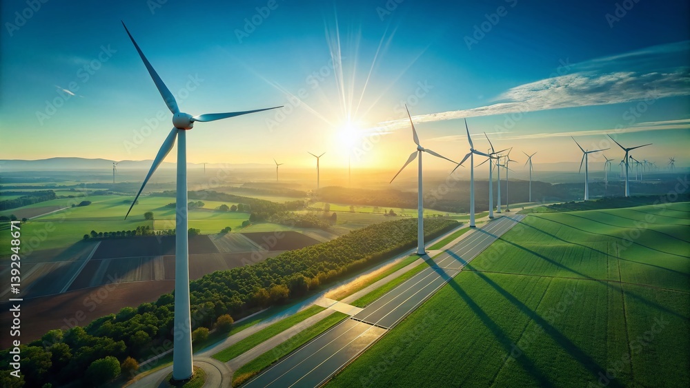 Pristine Aerial View: Clean Energy Wind Farm Drone Shot Pristine Aerial View: Clean Energy Wind Farm Drone Shot