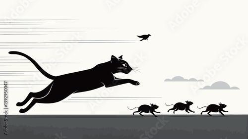 A stealthy black cat leaps to catch a swift bird while chasing mice on a minimalist backdrop.